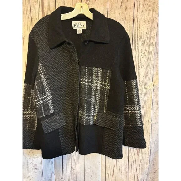 Keren Hart Wool Black & Gray Design Jacket Size Medium Office Party Classy Warm - Picture 5 of 7